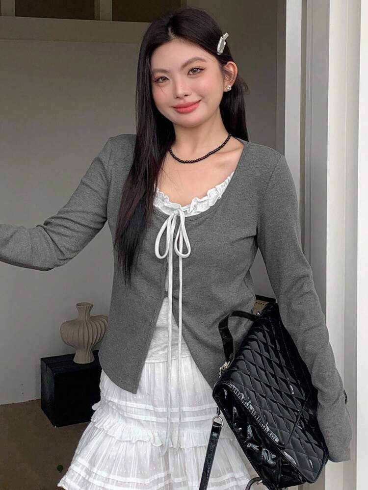 Dazy Plus Contrast Color Patchwork 2 In 1 Lace-Up Long Sleeve T-Shirt, Plus Size Women Autumn Lace Trim Top