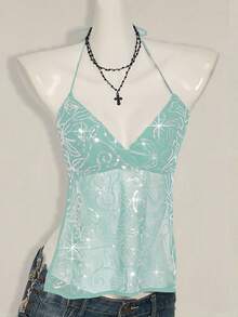 SHEIN ICON Women's Y2K Sexy Sequin Mesh Backless Halter Crop Top Light Blue Sequined Tank Top - Blue - View 7