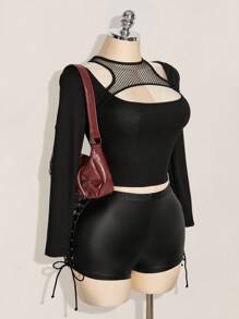 SHEIN ICON Shorts mini sexy negro de talle bajo con lazo lateral, adecuado para fiestas y reuniones, talla grande Y2K