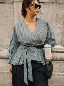 Calvaya Plus Size Women's Plaid Contrast Color Belt Waist Overlap V-Neck Puff Sleeve Mid-Sleeve Retro Elegant Blouse - Black and White - View 3