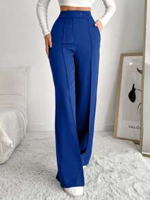 EURMUSE Quần âu cạp cao màu trơn thời trang đa năng dành cho nữ - Màu xanh lam - Xem 4