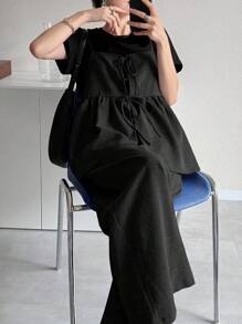 FRIFUL 女士纯色深灰色抽绳褶皱两件套，百搭商务休闲装，适合节日穿着