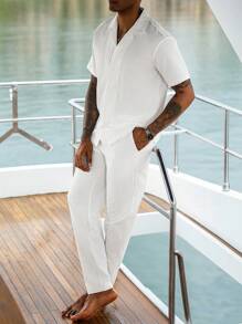 Manfinity Homme Men's Simple Solid Color Front Button Short Sleeve Shirt And Pants Set, Summer Men Cruise Outfit Men All White Beach Set Vacation Two Piece Set Men Men White Linen Outfit, Old Money, Cozy Outfits - White - View 5