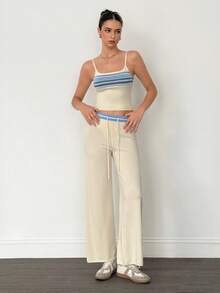 SHEIN Tall Vestă contrastantă cu talie joasă și șnur de cusut, pantaloni largi tricotați, ușori, de primăvară-vară, doar pentru vacanțe, eleganți, pentru plajă, drăguți, pentru aeroport, casă de plajă, îmbrăcăminte de aeroport, vacanță, toamnă/iarnă - Cremă - Vizualizare 9