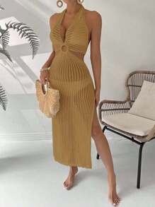 Swim Lushoire Women's Solid Color Ring Connected Waist Hollow Out Halter Neck Cover Up Dress, Vacation - Yellow - View 6