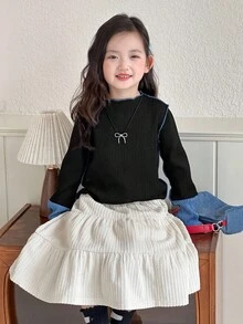 DAZY Young Girls Quilted Contrast Color Korean Style Casual Long Sleeve T-Shirt, Spring/Autumn - Black - View 4