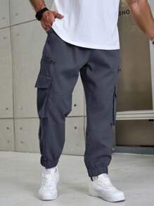 Manfinity Homme Men Plus Size Drawstring Waist Cargo Pocket Casual Pants, Fall - Dark Grey - View 3