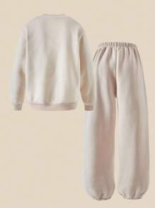 SHEIN 2 件套女童休闲可爱兔子图案连帽衫和裤子套装，秋冬 - 杏色 - 查看 4