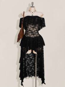 SHEIN ICON Plus Size Off Shoulder Ruffle Lace Tiered Short Front Long Back Dress, Boho, Vacation - Black - View 9