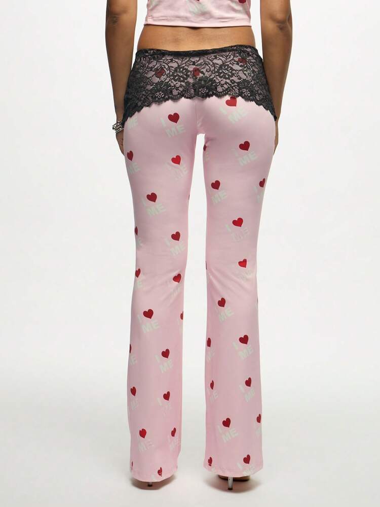 SUMWON WOMEN Hearts Print Wide Leg Pants With Black Lace Trim