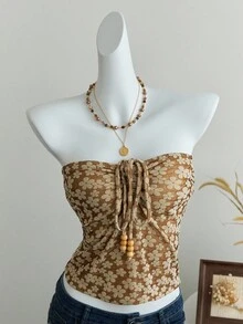 Flirla Women's Floral Jacquard Beaded Lace-Up Camisole Top - Coffee Brown - View 4