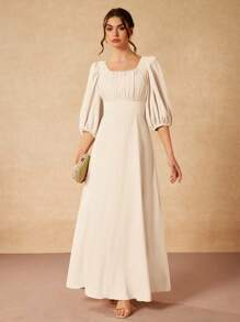 Gabriela Silveira 纯色方领泡泡袖短袖垂坠优雅长裙 - 白色 - 查看 7