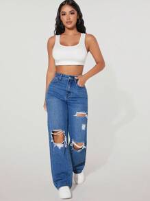 SHEIN PETITE Women's High Waist Pockets Distressed Wide Leg Loose Casual Versatile Denim Jeans - Blue - View 3