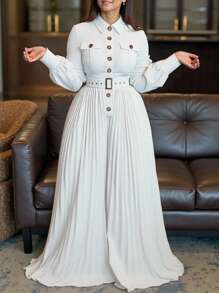 INAWLY 女式白色领扣装饰长袖褶腰连体裤 - 白色 - 查看 1