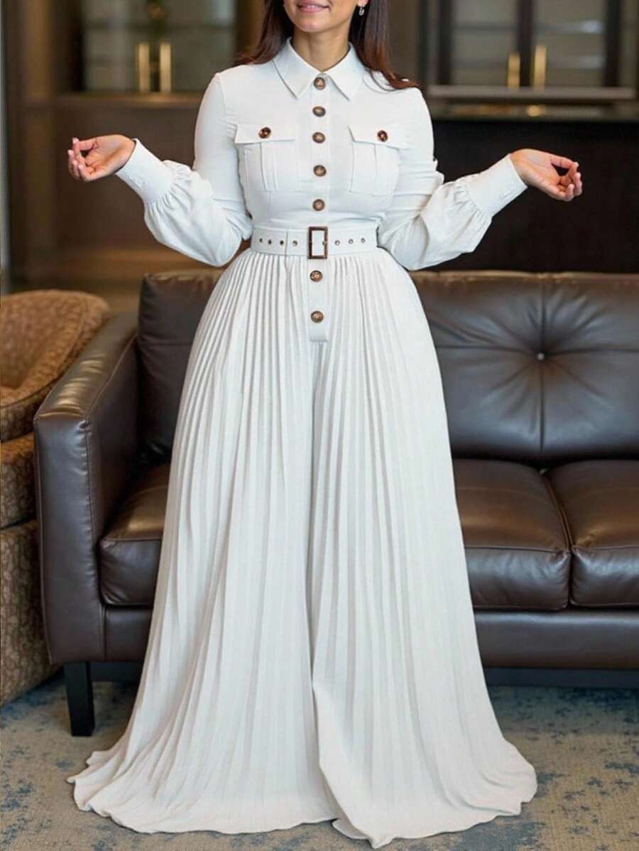 INAWLY 女式白色领扣装饰长袖褶腰连体裤 - 白色 - 查看 1