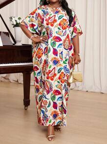 SHEIN Lady Große Größen elegantes Kleid mit floralem Allover-Muster und Fledermausärmeln