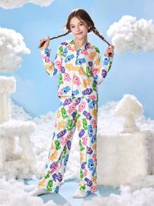 SHEIN X Care Bears 2pcs Tween Girl Cute All-Over Bear Print Button-Up Long Sleeve Shirt And Loose Knit Pants Pajama Set , Spring/Autumn - White - View 4