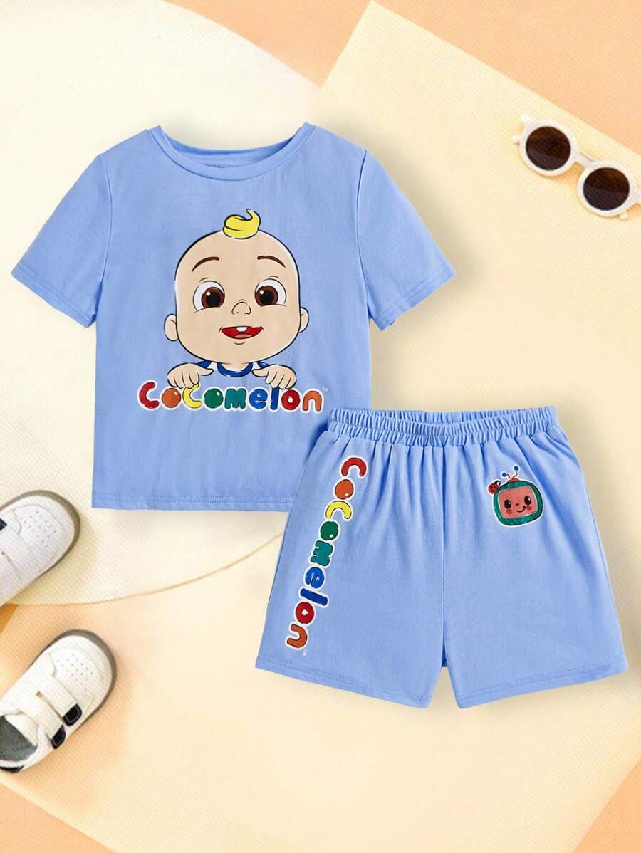 CoComelon X SHEIN 2pcs/Set Young Boy Cute Cartoon Pattern Round Neck Short Sleeve T-Shirt And Shorts, Loose Casual Outfit
