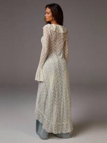 Athîral 女式优雅纯色蕾丝荷叶边喇叭袖连衣裙 - 白色 - 查看 2