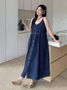Dazy Plus Dark Wash Blue A-Line Denim Pinafore Dress, All Season - Dark Wash - View 3