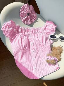 Comfortcana Blusa de mujer de verano con mangas abullonadas y rayas rosas