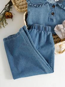 SHEIN 女童休闲简约翻领荷叶边长袖上衣和裤子套装，秋冬装 - 藍色 - 查看 8