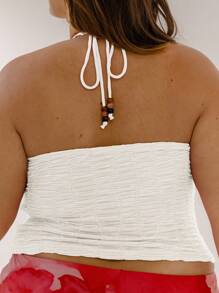 Aralina Curve Plus Size Ruched Halter Neck Slim Fit Backless Tie Up Going Out Top - White - View 2