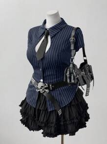 Sweetra 大码金属纽扣装饰短袖休闲女式衬衫 - 藍色 - 查看 3