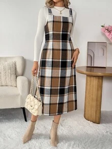 SHEIN LUNE 女士休闲格子无袖中长连衣裙，收腰设计，日常百搭，秋冬格子连衣裙，女士格子中长连衣裙，方格连衣裙，秋季连衣裙，大地色系连衣裙，外出穿搭，女士连衣裙，女士连衣裙，优雅休闲连衣裙，女士街头风秋季服装，女士秋季穿搭，秋季服装，女士冬季服装，冬季服装，女士休闲机场穿搭，女士外出穿搭，休闲 - 彩色 - 查看 5