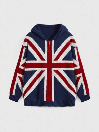 Grunge Punk Y2K Retro Hot Girl British Flag Pattern Women Loose Knit Cardigan