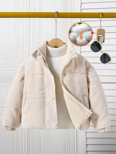 少女纯色灯芯绒长袖单排扣保暖休闲棉衣，冬季