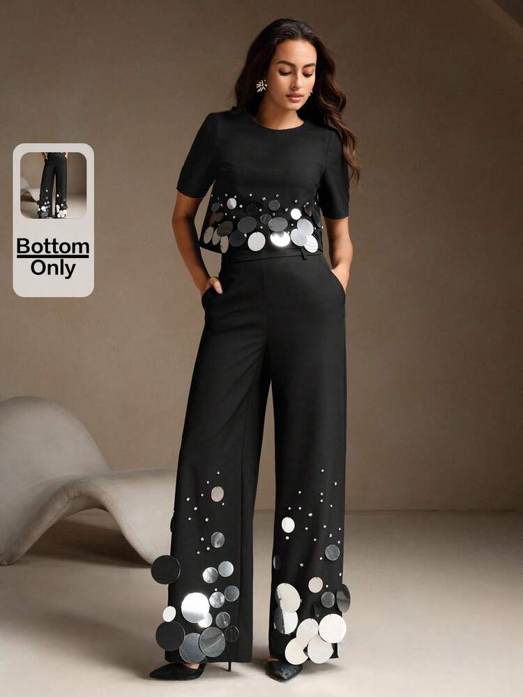 ゆとりストレートハイウエストワイドレッグスパンコール装飾ファッションパンツ