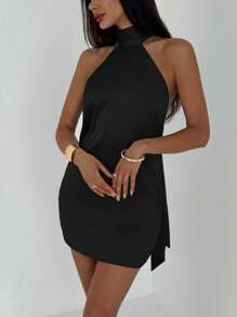 Aloruh Women's Solid Color Fashionable Backless Sexy Halter Mini Dress,Black Dresses Classy Elegant,Party Dress,Party Dresses For Women - Black - View 3