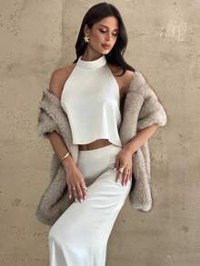 Firerie Fall/Winter Elegant Minimalist Khaki Beige Shawl Collar Faux Fur Sleeveless Jacket, Fashion Versatile Club Wear, Autumn/Winter Fall Women Clothes Elegant Party Coat Fall Outfits Women Winter Dresses For Women,Women's Fake Fur Coat, - Khaki - View 5