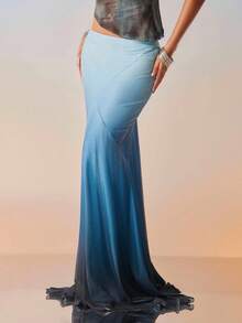 Hauture Falda larga de malla de verano con degradado azul ombré para fiestas y vacaciones sexy - Azul - Ver 4