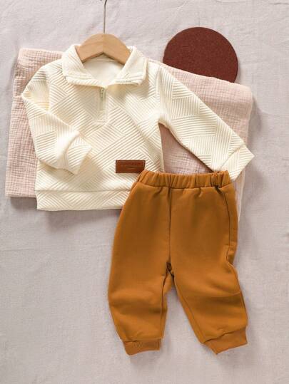 SHEIN Playful Pals 2 件套男婴幼儿新生儿 0-3 岁休闲日常穿着纹理 Polo 领运动衫 + 针织裤套装，秋冬