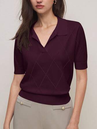 BizChic 2025 Otoño/Invierno Nueva Sudadera de Punto de Diamante con Cuello de Polo en Burdeos, Elegante Vestimenta Casual de Negocios Urbana, Adecuada para Citas, Fiestas, Salidas, Aeropuertos, Conciertos de Música Country Romántica, Estilo Coreano, Aeropuerto, Invitado de Boda, Cumpleaños, Halloween, Navidad Blusas Casuales de Negocios para Mujer Blusas de Manga Corta para Mujer Blusas de Oficina para Mujer Blusas de Punto para Mujer