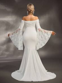 Cheriluna Maternity فستان تصوير الحمل / فستان حفلة أنيق / فستان استحمام الطفل - كتف مكشوف ، كم طويل غير متماثل مبالغ فيه ، فستان ماكسي بتصميم رقعة من الدانتيل