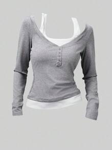 SHEIN Girlism Teen Girls' Colorblock Patchwork 2-In-1 Design T-Shirt, Fitted Silhouette, Casual Style Grey Top Long Sleeve Top Gray Shirt Layered Top Two-Piece Top Gray Long Sleeve Top Long Sleeve Shirts For Girls Layered Look Top Double Layer Top Women Top Gray Top Long Sleeve Shirts For Women Women Gray Top Girls Tops Fall Winter