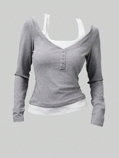 SHEIN Girlism Teen Girls' Colorblock Patchwork 2-In-1 Design T-Shirt, Fitted Silhouette, Casual Style Grey Top Long Sleeve Top Gray Shirt Layered Top Two-Piece Top Gray Long Sleeve Top Long Sleeve Shirts For Girls Layered Look Top Double Layer Top Women Top Gray Top Long Sleeve Shirts For Women Women Gray Top Girls Tops Fall Winter