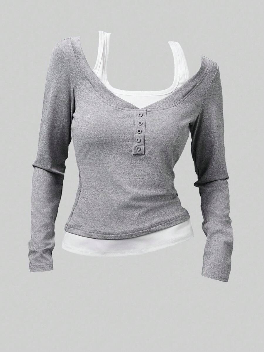 SHEIN Girlism Teen Girls' Colorblock Patchwork 2-In-1 Design T-Shirt, Fitted Silhouette, Casual Style Grey Top Long Sleeve Top Gray Shirt Layered Top Two-Piece Top Gray Long Sleeve Top Long Sleeve Shirts For Girls Layered Look Top Double Layer Top Women Top Gray Top Long Sleeve Shirts For Women Women Gray Top Girls Tops Fall Winter