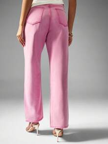 MISSGUIDED 闪亮水晶装饰高腰直筒牛仔裤时尚前卫个性裤装现代派对俱乐部节日场合春夏服装 - 藕粉色 - 查看 2