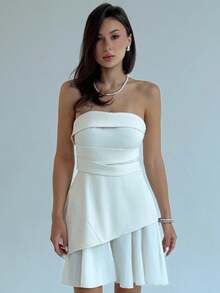 Aloruh New Minimalist Fashion Commuter Sleeveless Pleated Design 2 In 1 Mini Slim A-Line Dress - Apricot - View 4