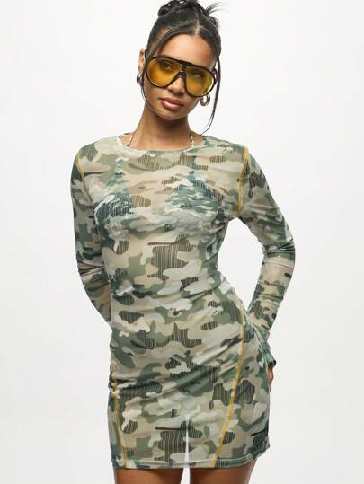 SUMWON WOMEN Mesh Mini Bodycon Dress Long Sleeve Camouflage Print Retro Y2K  Club Party Fitted Military Style Autumn Winter Evening FashionMISSGUIDED