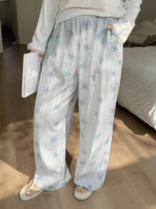 Dazy Plus 加大码弹力腰带条纹星形印花宽松直筒睡裤，适合秋冬季节，舒适保暖 - 白色 - 查看 5