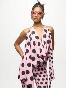 SUMWON WOMEN Contemporary Pink Polka Dot Draped Blouse With Bell Sleeves And Cold Shoulder Design Elegant Evening Party Statement Top With Lace Up Detail - Pink - View 4