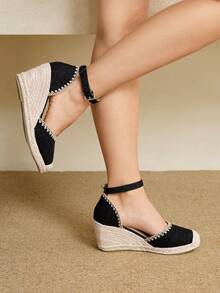 Styleloop Zapatos de cuña y plataforma trenzados de estilo bohemio para mujer - Negro - Ver 3