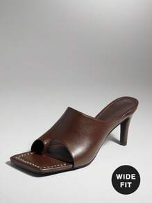 SHUZIA Women Wide-Fit Shoes High Heeled Sexy Western Everyday Party Casual Comfy PU Chocolate Sandals Mules - Brown - View 7