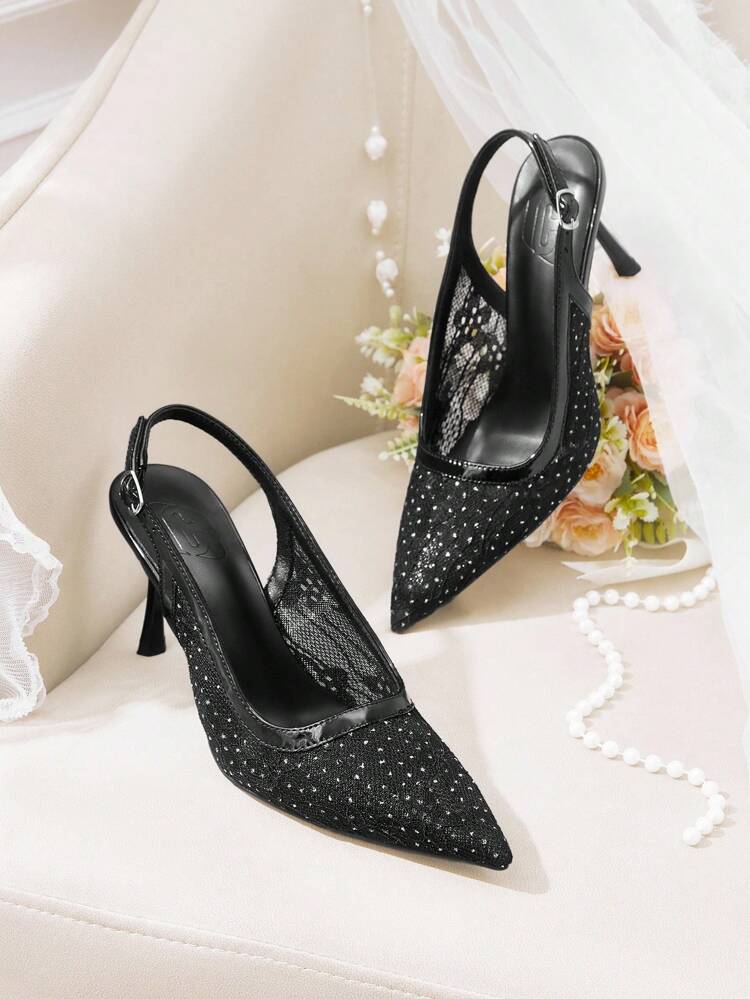 CUCCOO HITCHD Women's Pointed Toe High Heel Shoes, Elegant Romantic Sexy Black Mesh Lace Embroidered Rhinestone Stilettos, Suitable For Formal Occasions, Weddings, Parties, Holidays