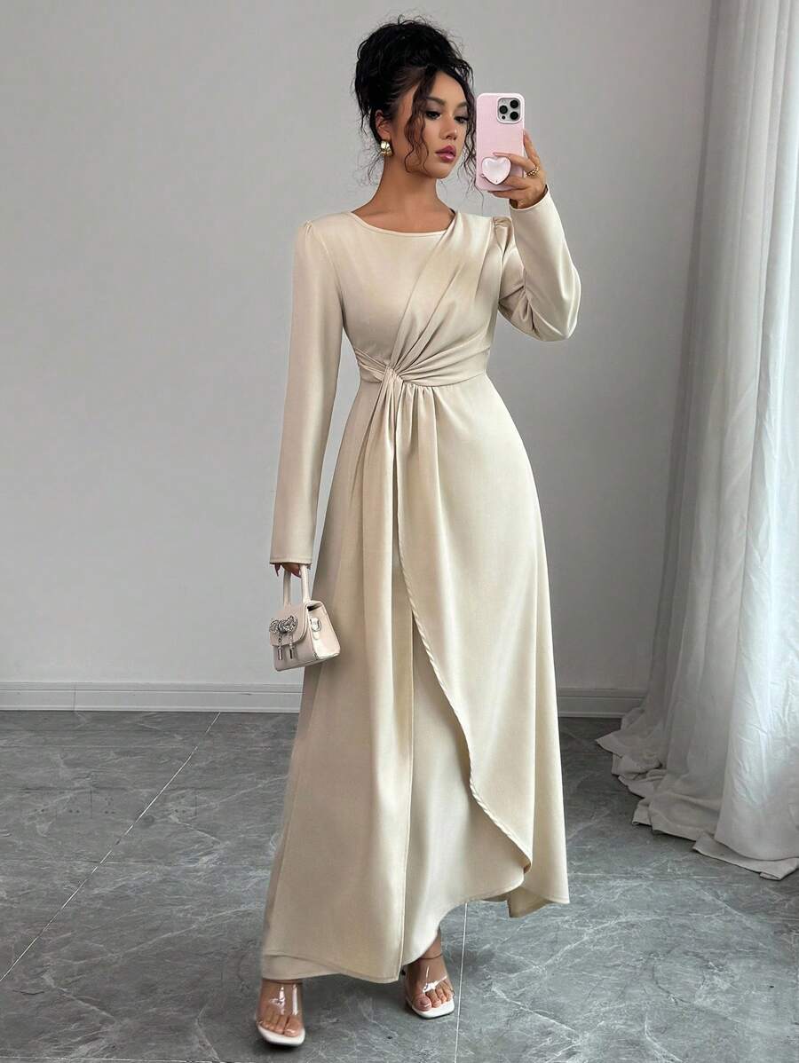 Elenzga Đầm suông cổ tròn tay dài màu trơn thanh lịch cho nữ - Màu be - Xem 1